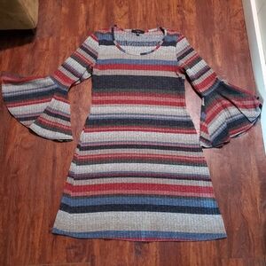 J.Rose Womens Knit Dress Multicolored Stripes Bell Sleeves Size 6